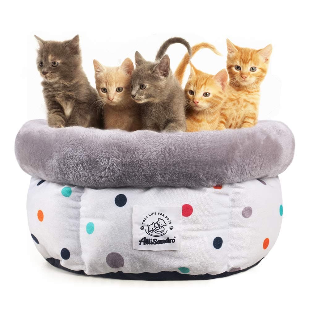 Allisandro Small Pet Bed, Cozy Deep Donut Cuddler, Machine Washable Round Cat Bed W/Anti-Slip Bottom Design, Pet Oval Round Bed for Small Animal All Season Use, White, 15.7 x 8.6 Inches
