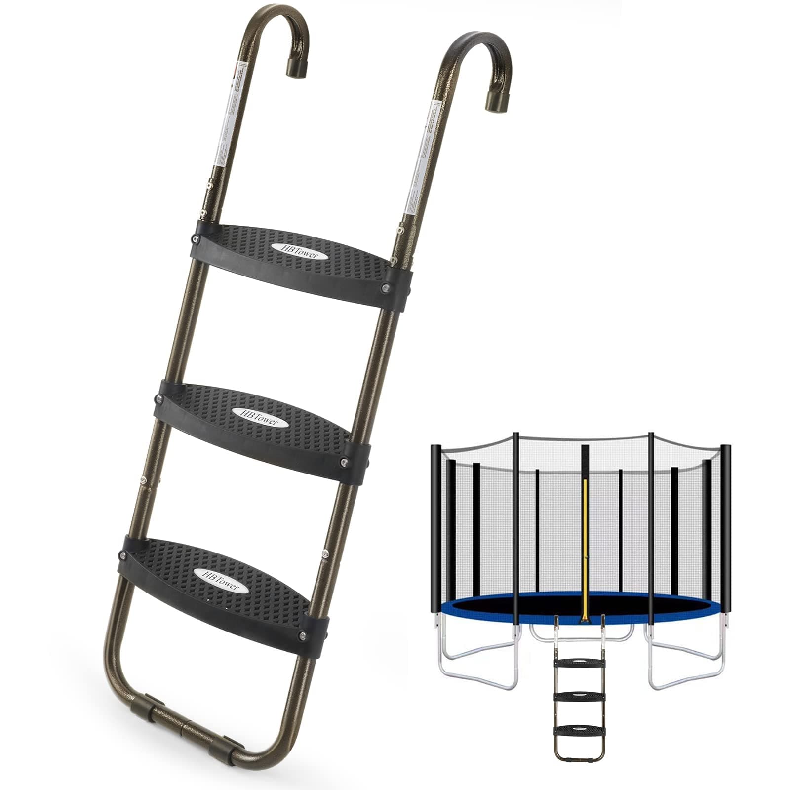 Trampoline Ladder, 3-Step Trampoline Steps with Horizontal Wide Steps, Skid-Proof Steps Universal Hook, UV Treated Steel, 220Lbs Capacity Trampoline Stairs Accessories for Kids/Children