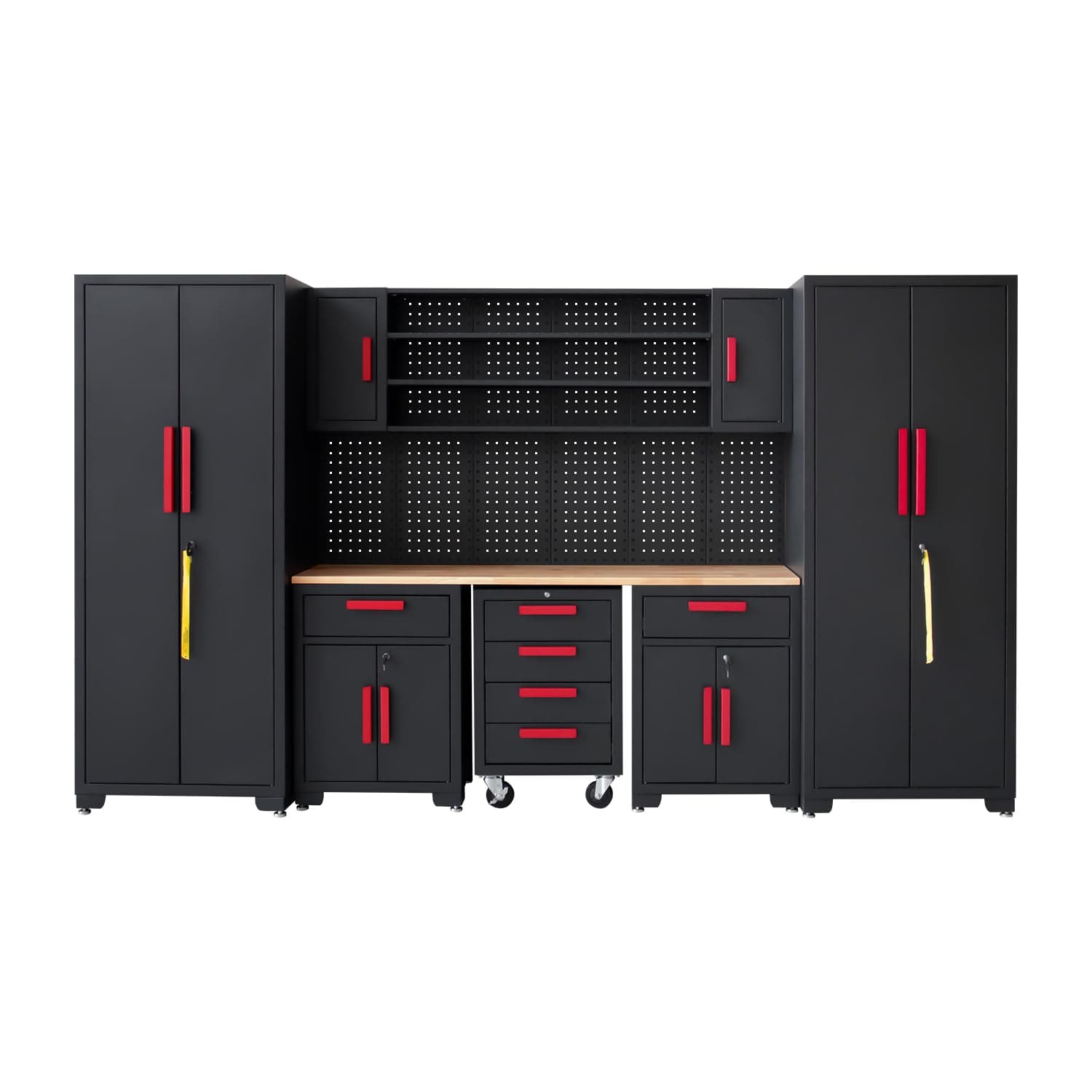 HPDMC Garage Cabinet Storage System - 9-Piece Workshop Set w/Steel Cabinets & Workbench Includes Rolling Chest & Pegboard Heavy-Duty Black & Red Tool Organization for Garage/Workshop