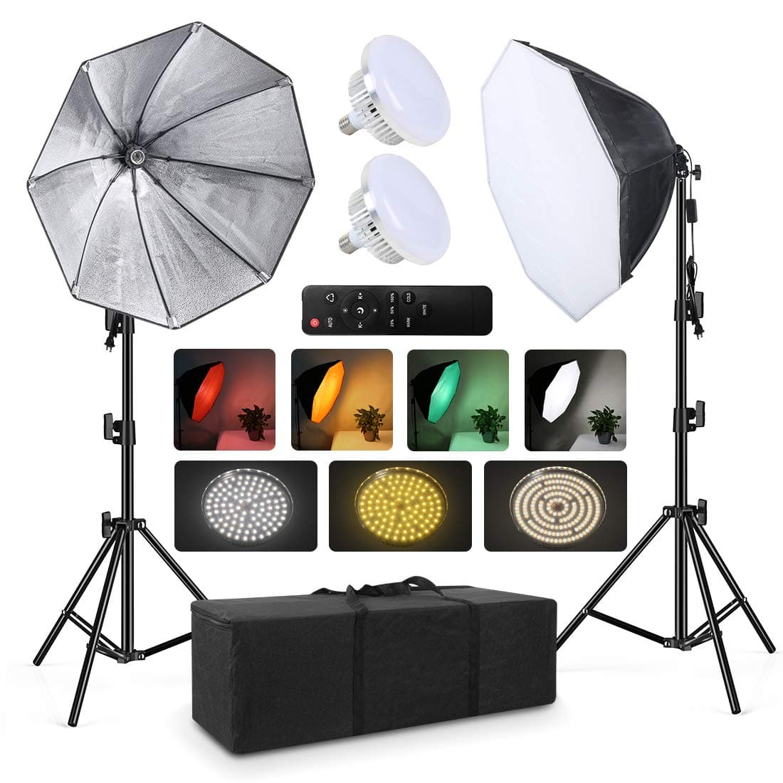 2pack Softbox Continuous Lighting Kit for Camera Photo Video Photography Studio Light with 28” × 28” Octagon Softbox and 5700K Super Brigh Light Bulb / Nylon Color Screen / Light Stand / Carrying Bag