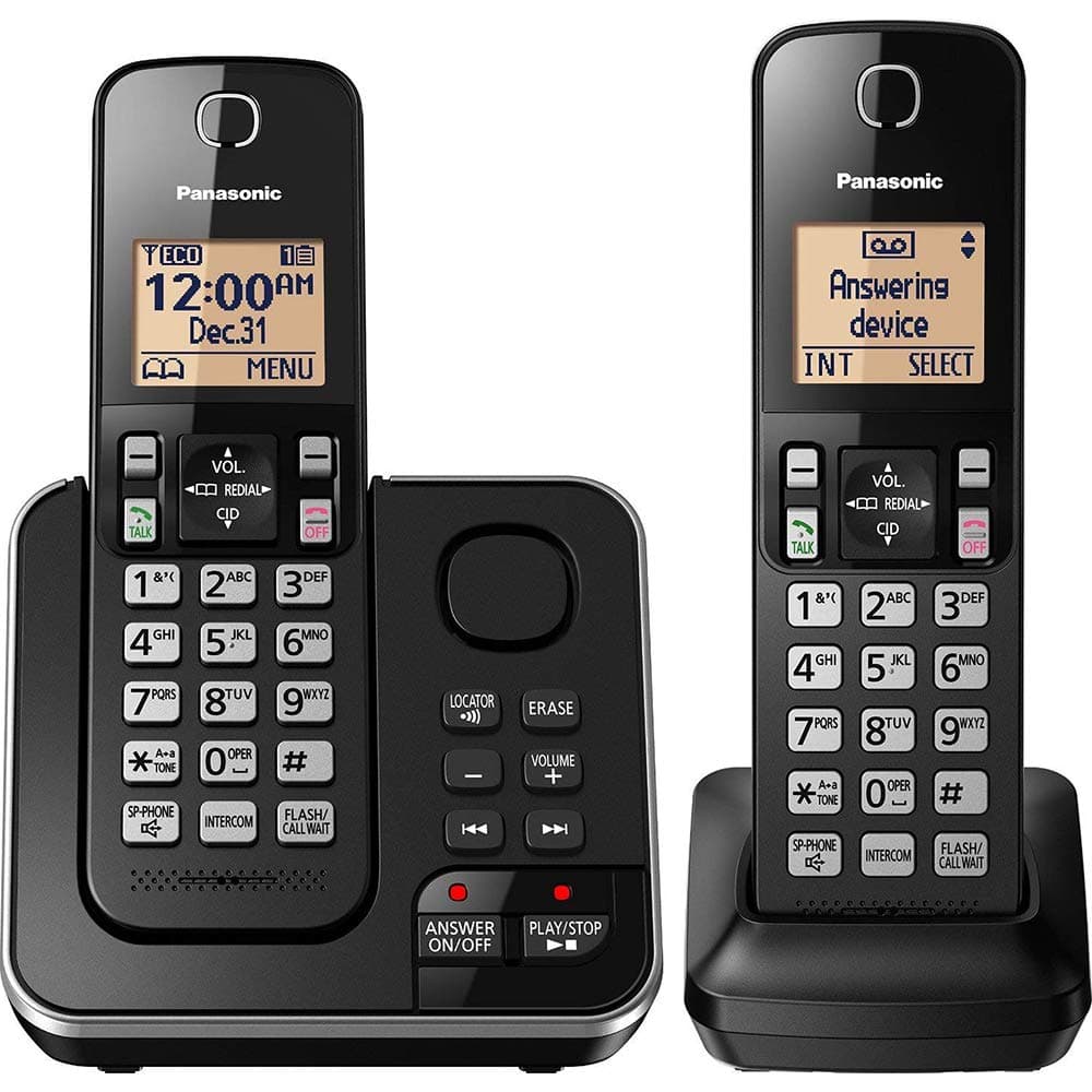2 Handset Expandable Cordless Phone System with Answering Machine, Amber Backlit Display and Call Block - KX-TGC362B (Black)