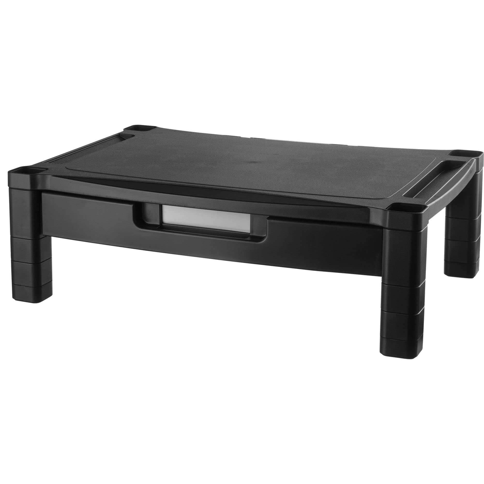 Kantek Wide Deluxe Two-Level Monitor Stand With Drawer, 20" X 13.25" X 3" To 6.5", Black, Supports 50 Lbs