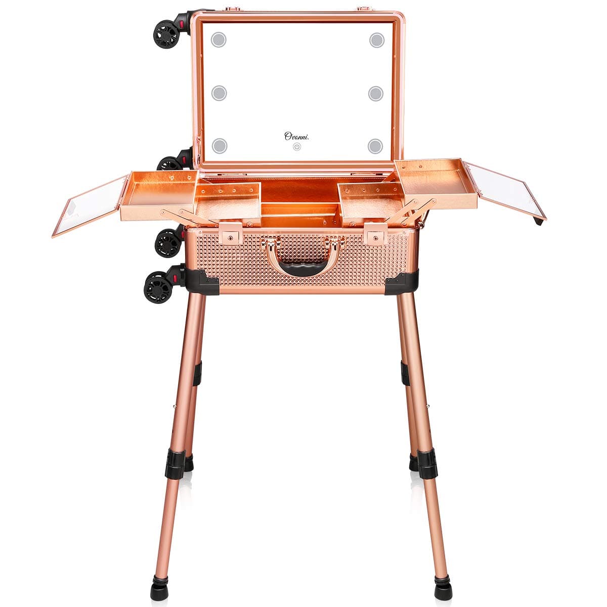 Ovonni Makeup Train Case with Bluetooth Speaker, Free Standing Portable Makeup Station with Lighted Mirror, Cosmetic Organizer Box for Makeup Storage, Rolling Artists Travel Studio for Women