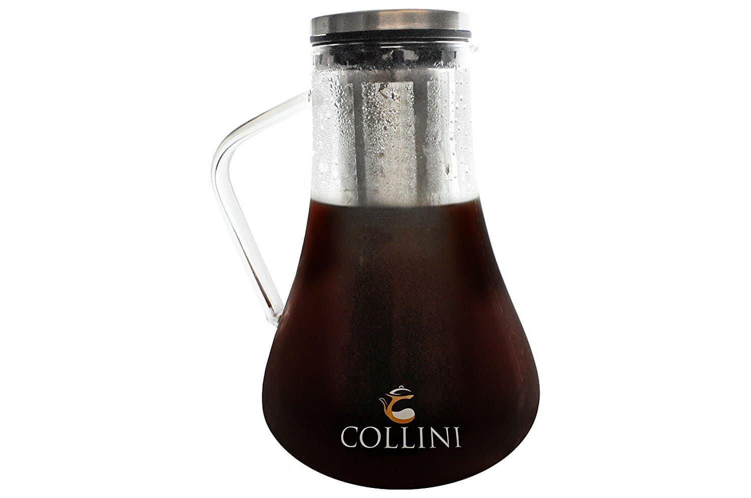 Airtight Cold Brew Iced Coffee Maker and Tea Infuser/Hot Coffee Brewer and Tea Maker with Spout - 32 oz. 4 Cup 1.0 L Collini Brewing Glass Carafe with Removable Stainless Steel Filter & Air Tight Lid
