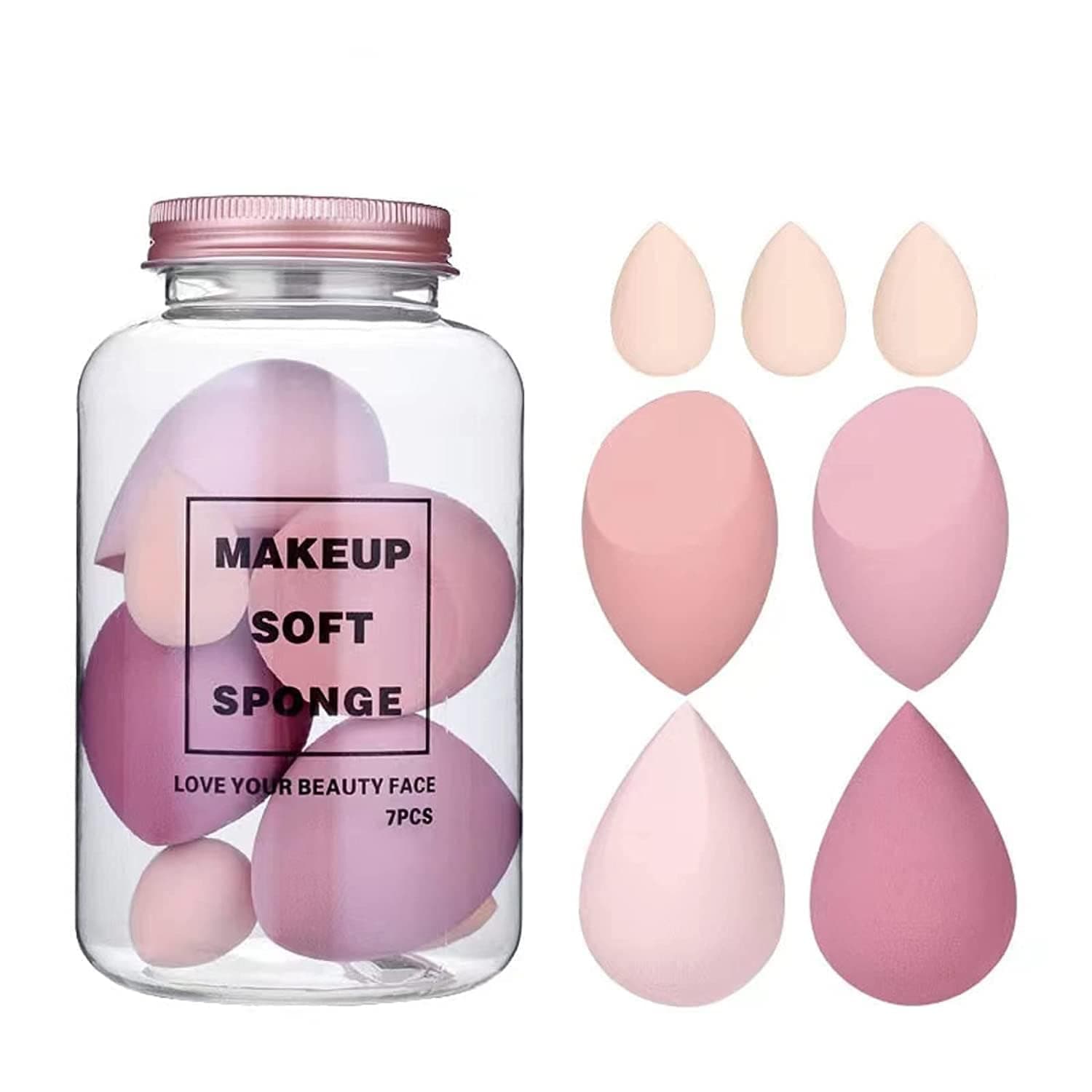 THR3E STROKESMakeup Sponge Set Beauty Blender with Egg Case, Soft Sponge For Liquid Foundation, Creams, and Powders, Latex Free Wet and Dry Makeup ( 4 Big + 3 Mini-7 Pcs set) (MULTICOLOUR,ASSORTED COLOUR) With Plastic Jar