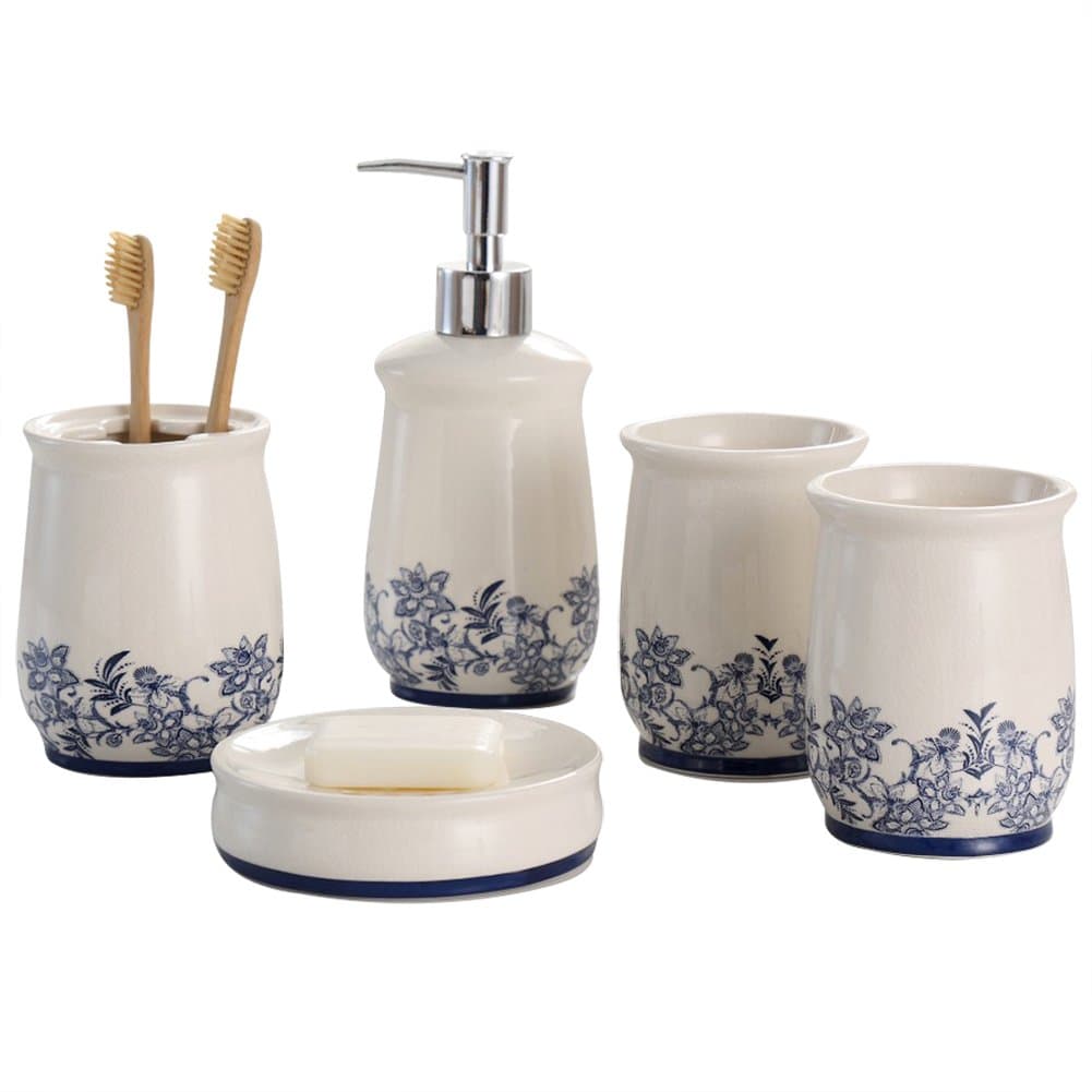 Bathroom Accessory Set Storage & Organization Ceramic 5 Pieces Set,Including Toothbrush Holders,2 Gargle Tooth-Brushing Cups,Soap Dishes,Soap & Lotion Dispenser Pump Blue
