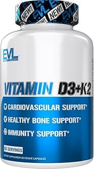 Evlution Nutrition Vitamin D3 K2 Supplement - 5000IU Vitamin D with 90mcg VIT K as MK7 per Serving for Heart Bone and Immune System Support - High Absorption Gluten Free Veggie Capsules (60 Servings)