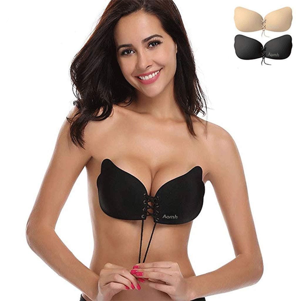 Invisible Adhesive Bra 2 Pack Sticky Bra Reusable Push up Invisible Women Bra Drawstring Silicone Bras (D Cup: 38C 34D 36D 38D 34DD)