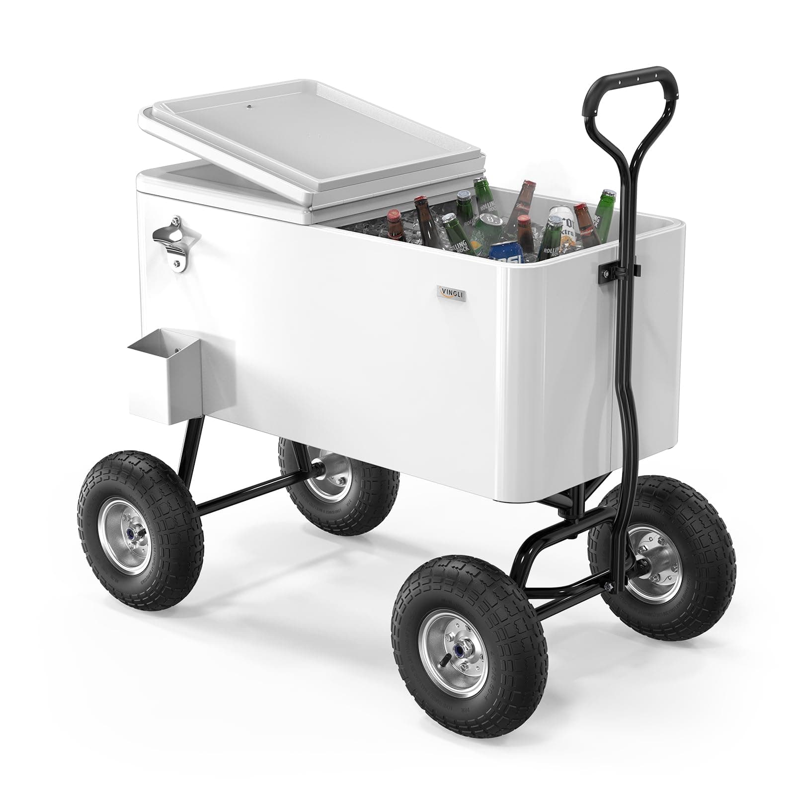 VINGLI 80 Quart Wagon Rolling Cooler Ice Chest, w/Long Handle and 10" Wheels, Portable Beach Patio Party Bar Cold Drink Beverage, Outdoor Park Cart on Wheels