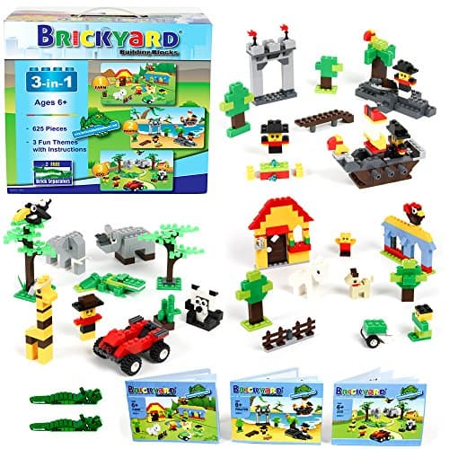 Brickyard Building Blocks 3-in-1 Building Bricks Set, 625 Pieces Compatible Brick Toys - Farm, Pirates, & Zoo Theme with Instructions, 2 Bonus Brick Separators, and Reusable Storage Box (625 pcs)