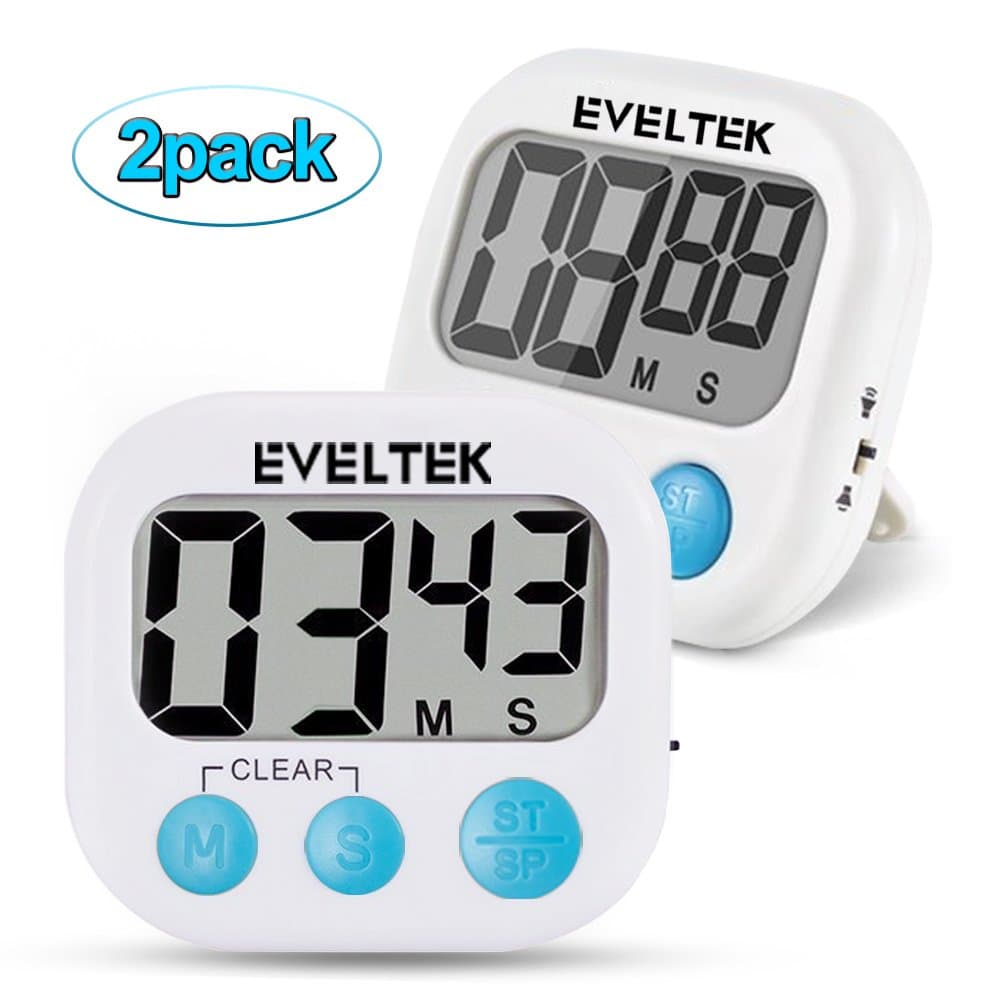 EVELTEK 2 Pack Digital Kitchen Alarm Timer/Clock with Large LCD Display Loud Sounding Alarm,Countdown or CountUp for Cooking/School/Games (Black Key)