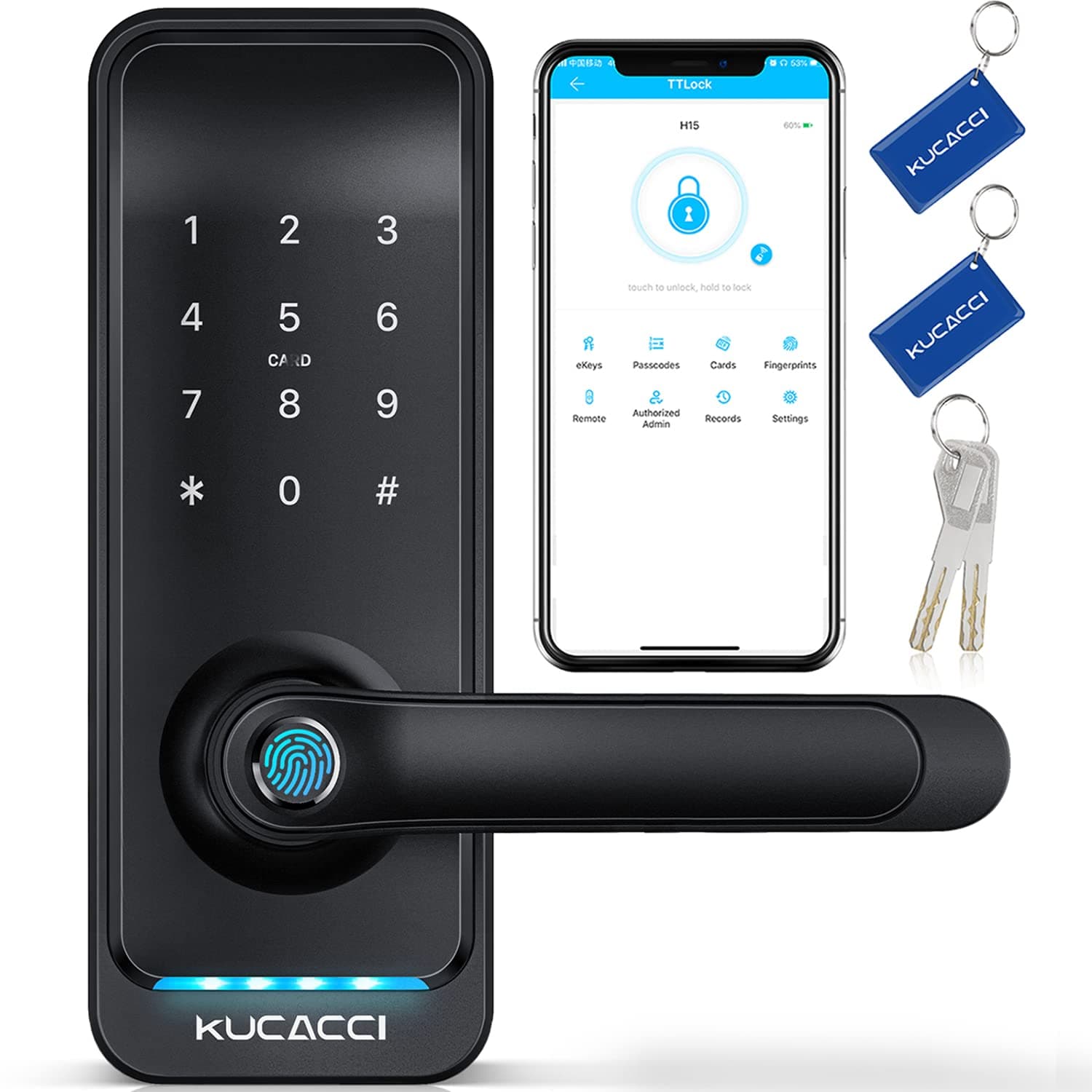 Smart Door Lock with Handle: Kucacci Keyless Entry Digital Door Lock for Front Door - Fingerprint Keypad Smart Dnob - Generate Passcode Remotely - App Control - Easy Installation(Black)