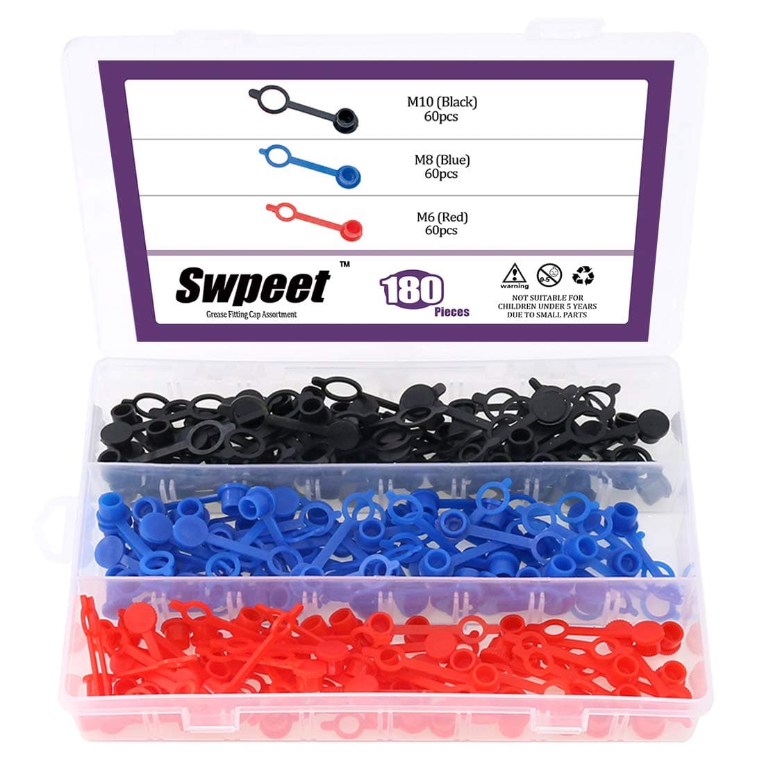 Swpeet 300Pcs Plastic Grease Fitting Cap Assortment, Grease Zerk Fitting Cap Plastic Dust Cover