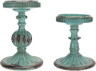 SOFFEE DESIGN Set of 2 Antique Resin Pillar Candle Holder Sets, Vintage Cylindrical Candlestick Stand Home Decor for Dining, Living Room, Mantel, Table Centerpiece, Retro Blue Candleholder Decor