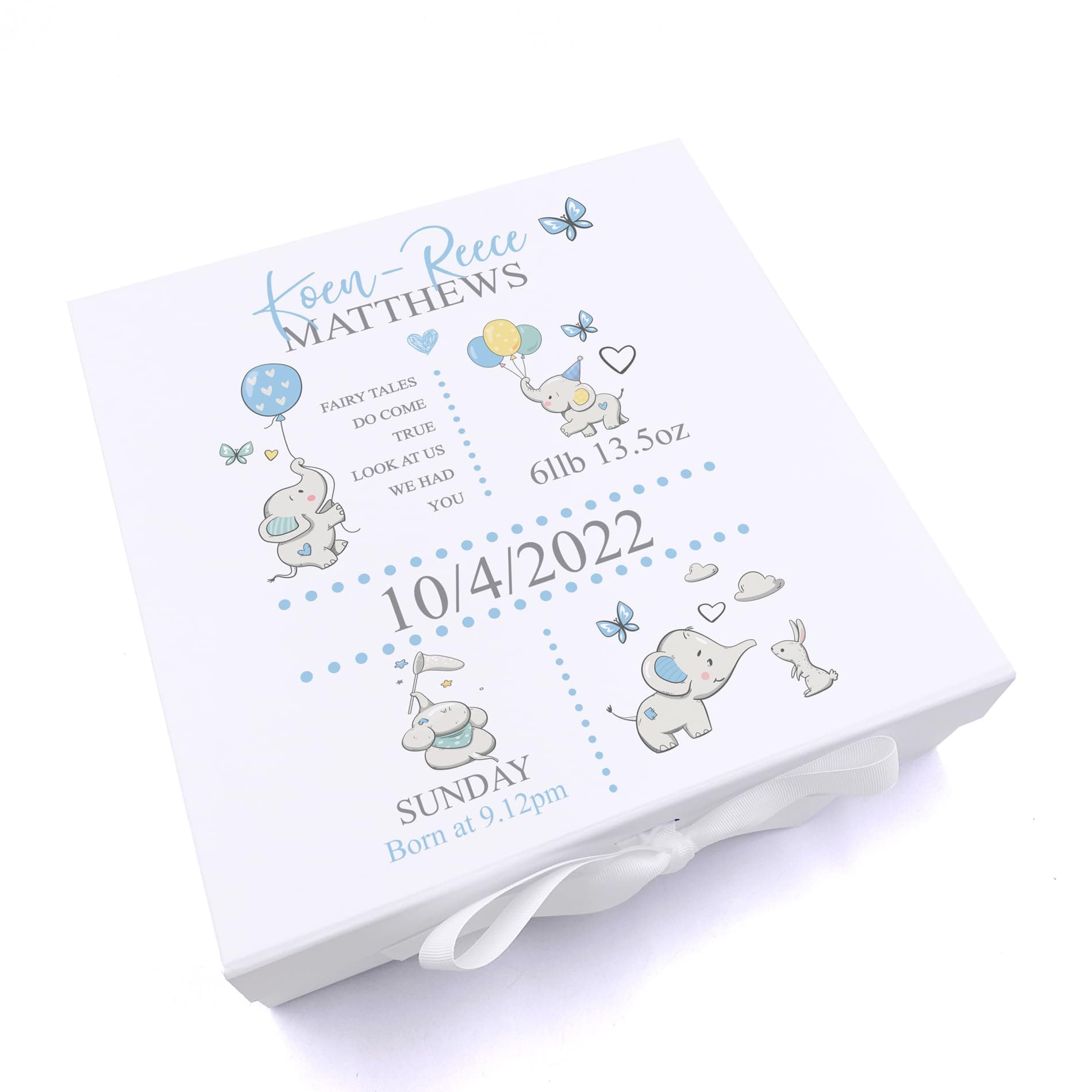 Personalised Baby Boy Elephants Design Keepsake Memory Box (Large)