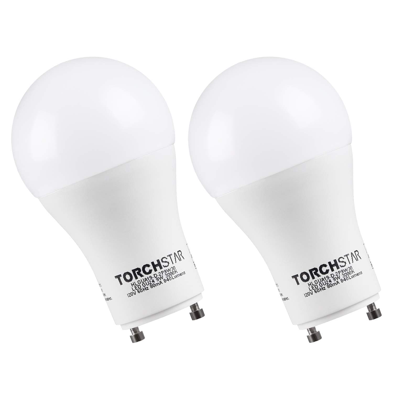 TORCHSTAR 9W Dimmable A19 LED Light Bulb GU24 Base, Energy Star UL-Listed Bulb, 60W Equivalent, 840 Lumens, 3000K Warm White, 310° Omni-Directional General Lighting, Pack of 2