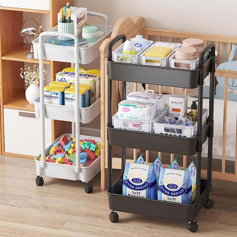Multibao 3 Tier Storage Trolley Cart on Wheels Plastic Mobile Rolling Trolley For Kitchen Bathroom Laundry Rolling Rack 27D x 39W x 73H CM (White)