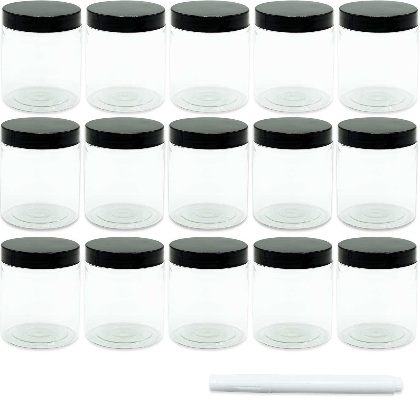 15 Pack 8 Oz 250ml Round Clear Reusable Plastic Jars with Black Lids,BPA Free Refillable Empty Storage Jars Wide-Mouth for Beauty Products,DIY Making