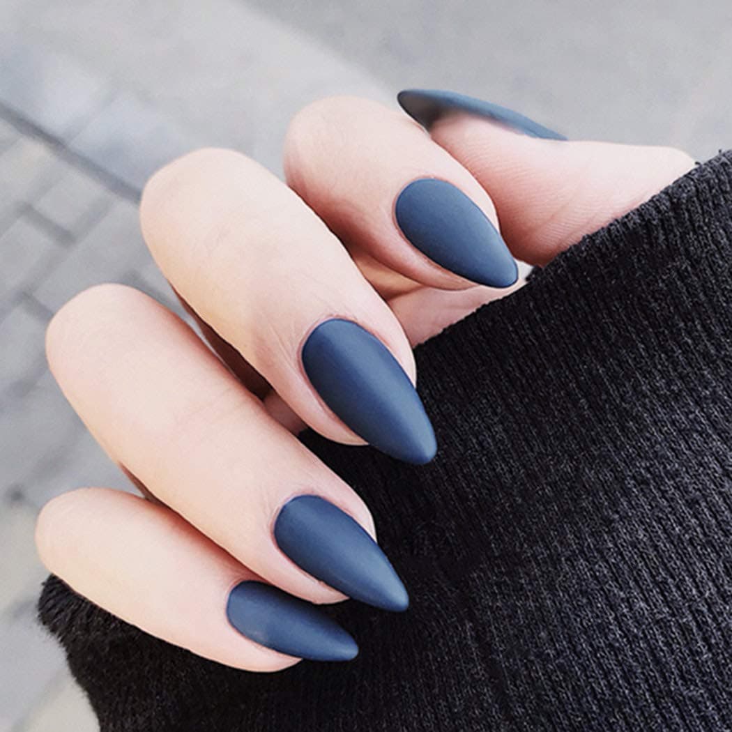 Bodiy Matte Stiletto Press on Nails Blue Long Sharp Fake Nail Acrylic 24pcs Full Cover Falses Nails for Women and Girls
