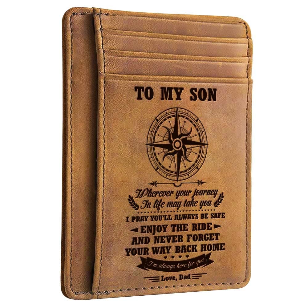DOPTIKAMinimalist Wallets Gift for Son from Mom - Engraved Leather Front Pocket Wallet - Custom Wallet RFID Blocking, W03-095-DadSon, Small, Card Wallet