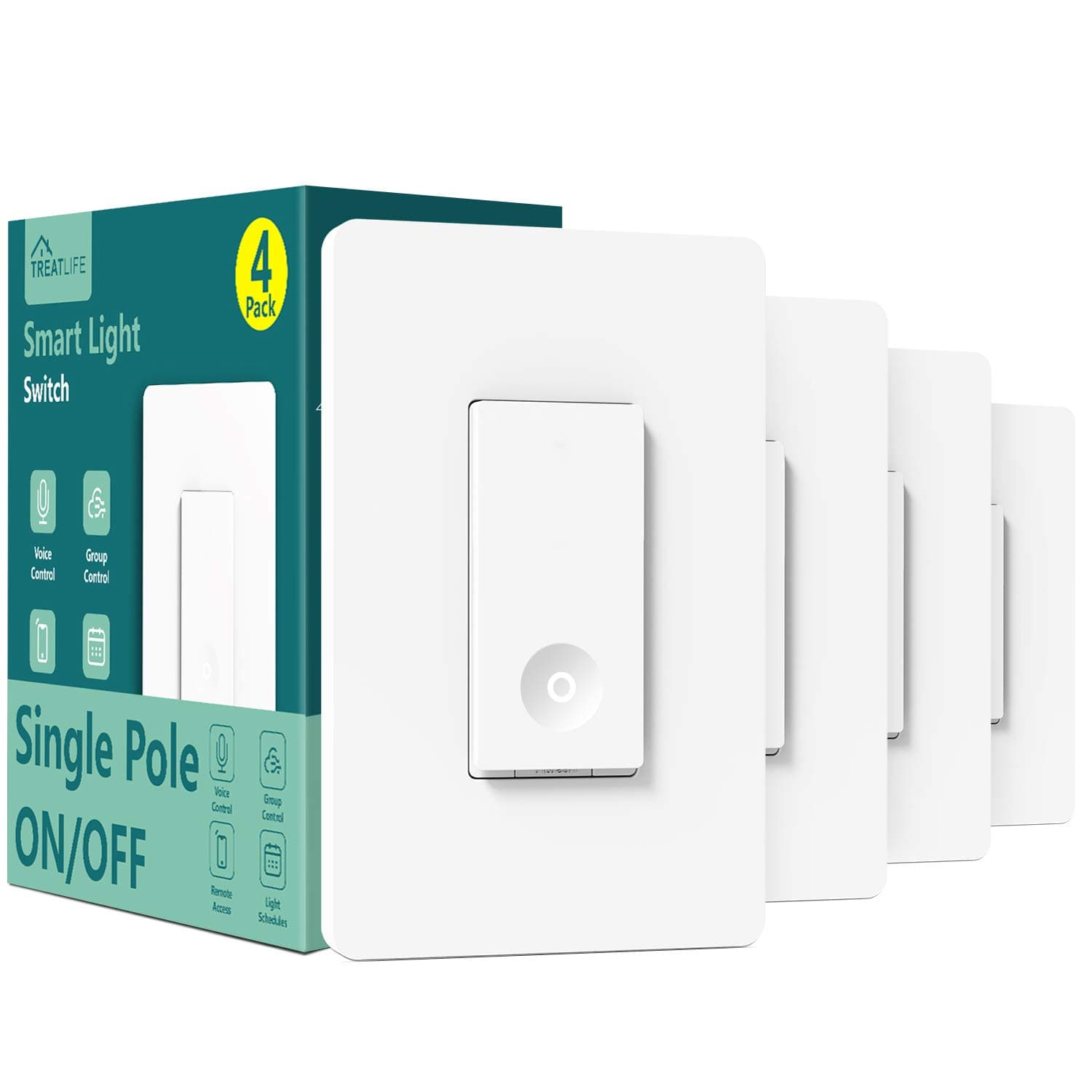 TREATLIFE Smart Switch 4 Pack, 2.4Ghz WiFi Light Switch Single-Pole, Neutral Wire Required, Works with Alexa, Google Home and SmartThings, Smart Home Remote Control, FCC Listed