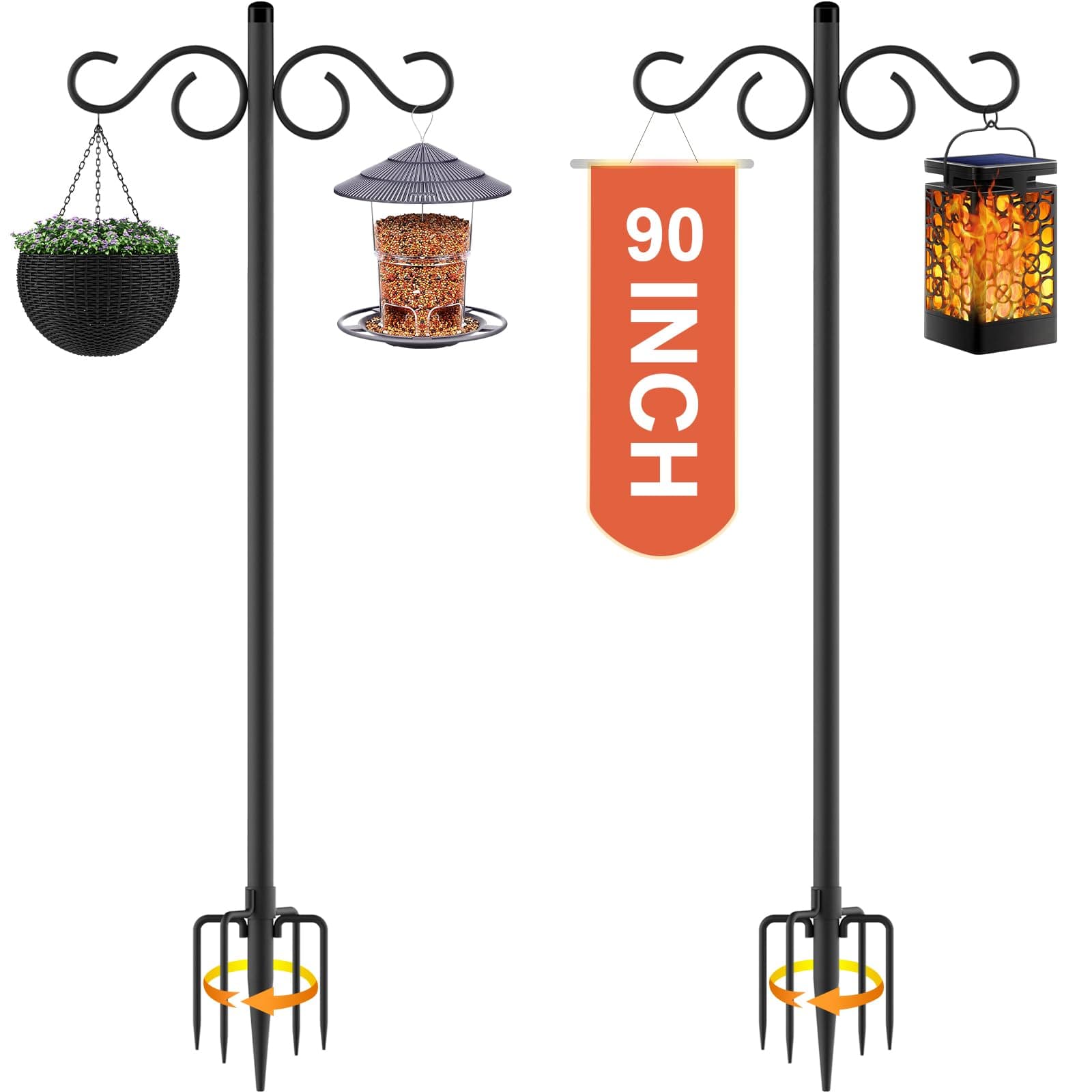 Double Shepherds Hooks for Outdoor,2 Pack 90 Inch Bird Feeder Pole with 5 Prongs Base,Heavy Duty Shepherds Hook,Suitable for Garden in Hanging Flower Basket,Lantern,Bird Nests (90 Inch)