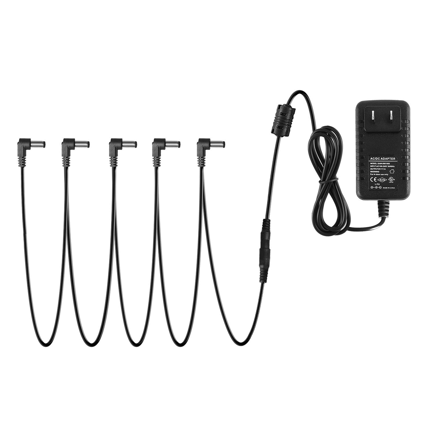 Donner DPA-1 9V DC 1A Power Supply Adapter for Electronic Keyboard, Digital Piano & Guitar Pedals, Tip Negative AC Adapter with 5-Way Daisy Chain Cable for Effects Pedal & MIDI Controller