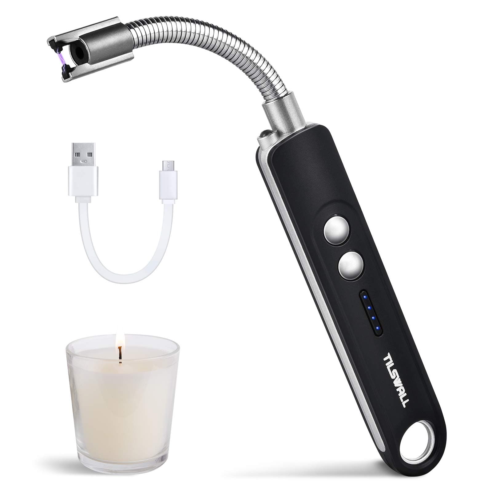 Candle Lighter - Tilswall Electric Arc Ignition Lighter Windproof USB Rechargeable Flameless Plasma Fire with Led Torch and 360° Flexible Neck for Kitchen Cooker, Stove, BBQ etc