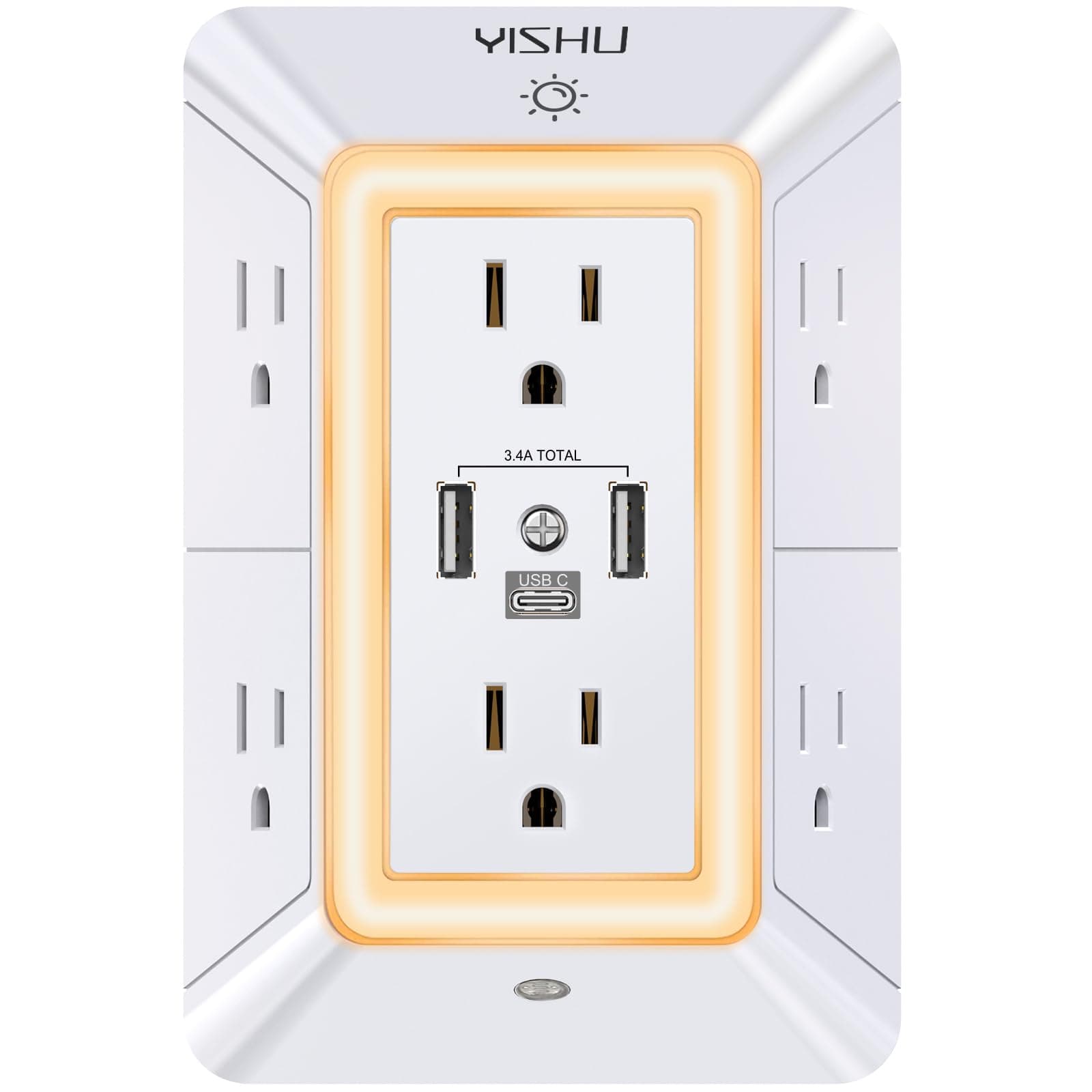 Multi Plug Outlet Surge Protector - YISHU 3-Sided Power Strip with 6 Outlet Extender and 3 USB Ports(1 USB C) and Night Light, Adapter Spaced Outlet Splitter, ETL Listed, White