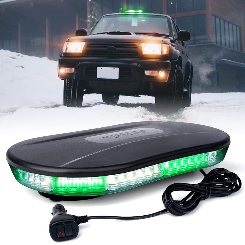 Xprite COB LED Rooftop Strobe Beacon Lights Bar, Super Bright Warning Caution Light 19 Flashing Patterns w/Magnetic Base for Emergency Construction Vehicles Tow Trucks Snowplow - White&Green