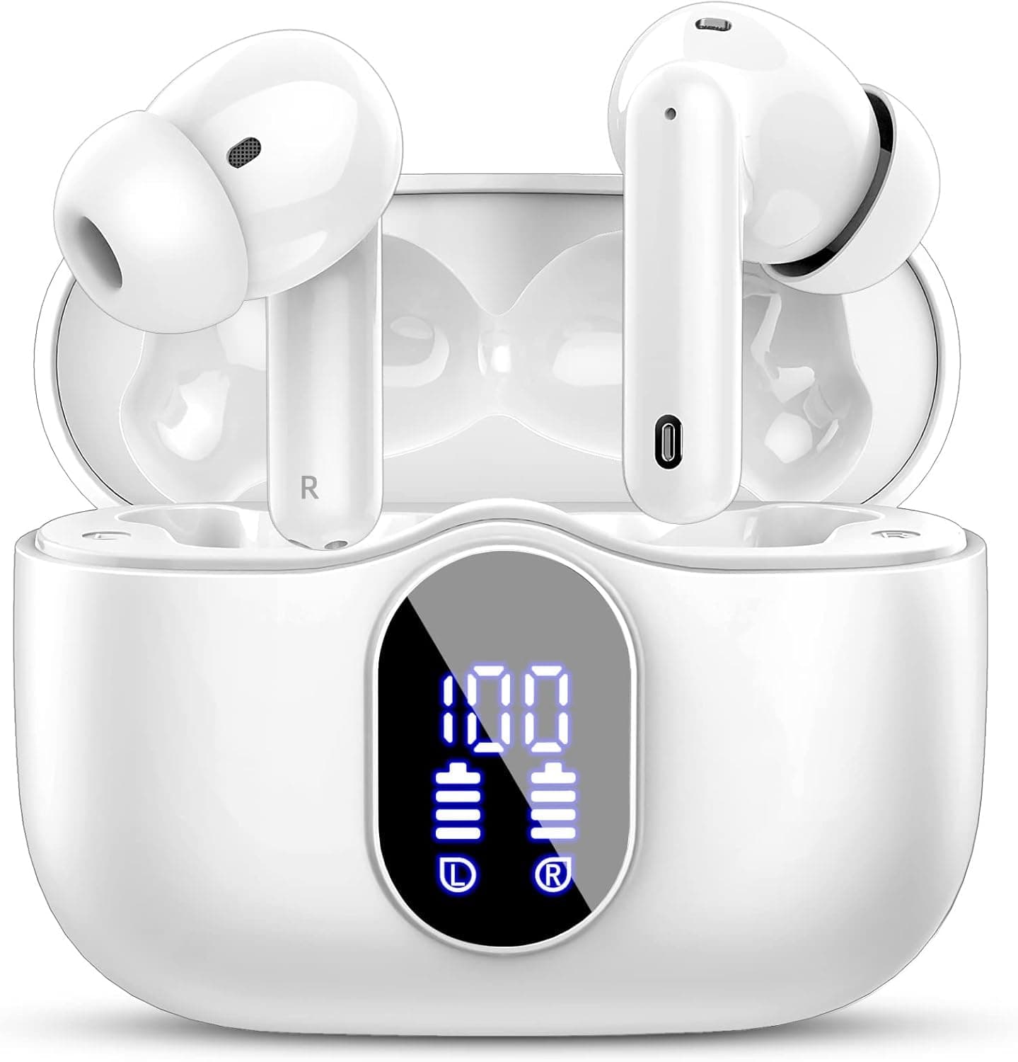 Wireless Earbuds, Bluetooth 5.4 Headphones In Ear with 4 ENC Noise Cancelling Mic, 2026 New Bluetooth Earphones Mini Deep Bass Stereo Sound, 36H Playtime LED Display Wireless Earbuds White