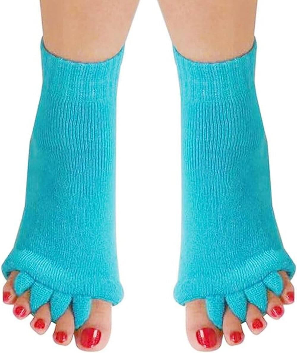 Footmate Foot Alignment Socks Five Toe Separator (Pack of 2) - Foot Pain Relief, Yoga Gym Sports Massage Socks - Improving Posture & Increasing Flexibility for Men & Women(Size 7-8, Turquoise Blue)