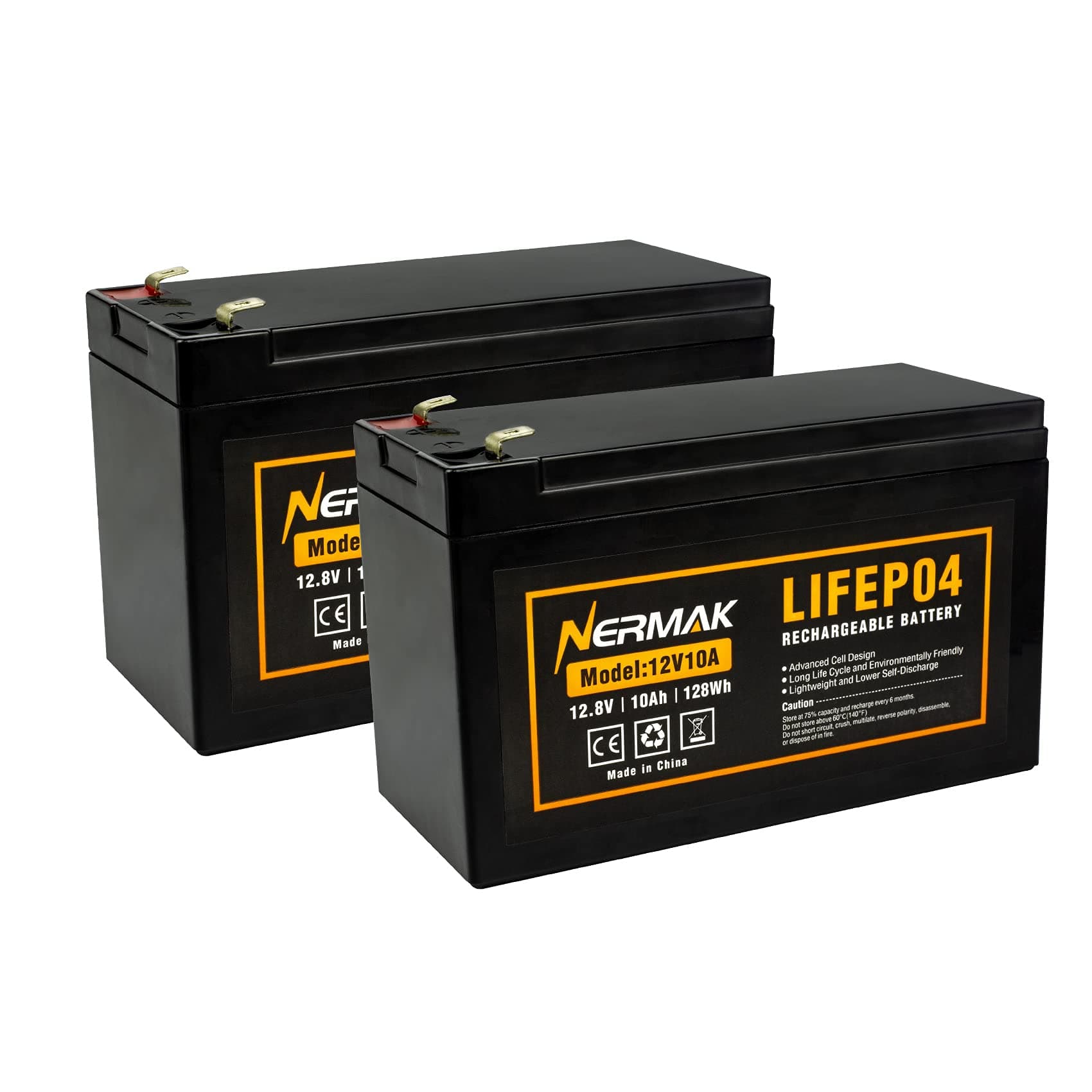 Nermak 2 Pack 12V 10Ah Lithium Ion LiFePO4 Deep Cycle Battery, 2000+ Cycles Rechargeable Battery for Solar/Wind Power, Scooters, Lighting, Power Wheels, Fish Finder Built-in 10A BMS