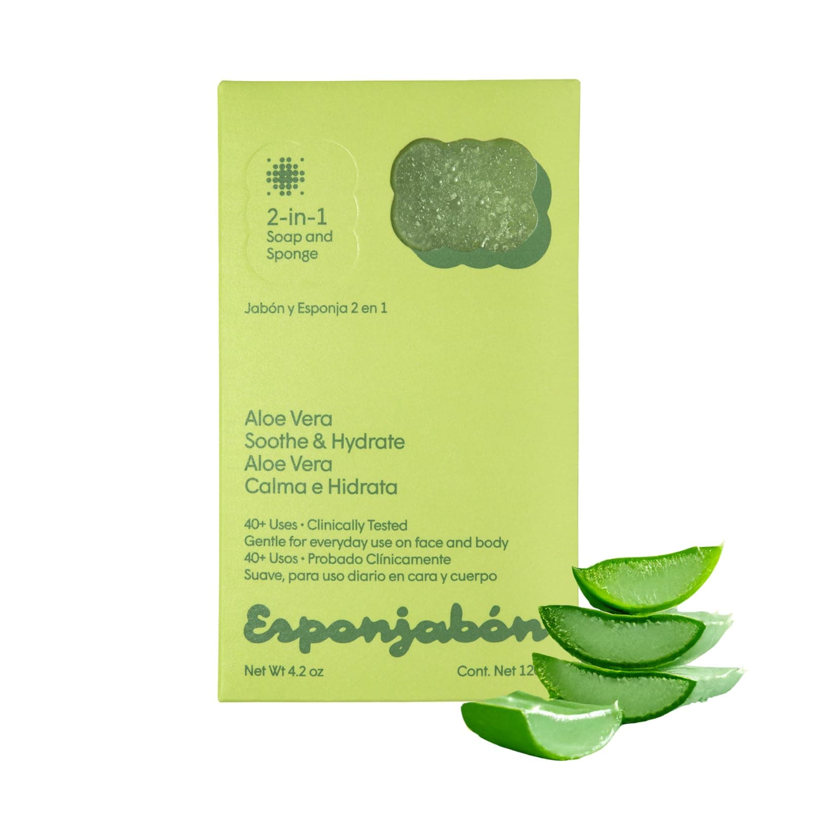 Esponjabon Aloe Vera Soap Sponge - Gentle Shower Scrubber - Cleaning Bath Wash Scrub - Dirt & Oil Removal - Massage & Lather Foot, Elbow, & Face - Bathroom Accessories - Fresh Aloe Vera Scent