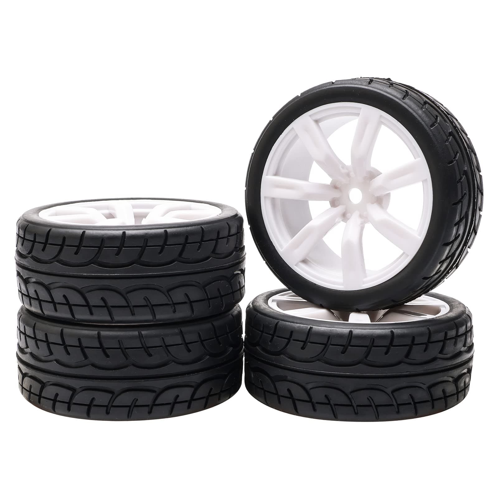 4PCS White 1:10 RC Tires U Pattern Wheel Rims 7 Spoke Hex 12mm Hub