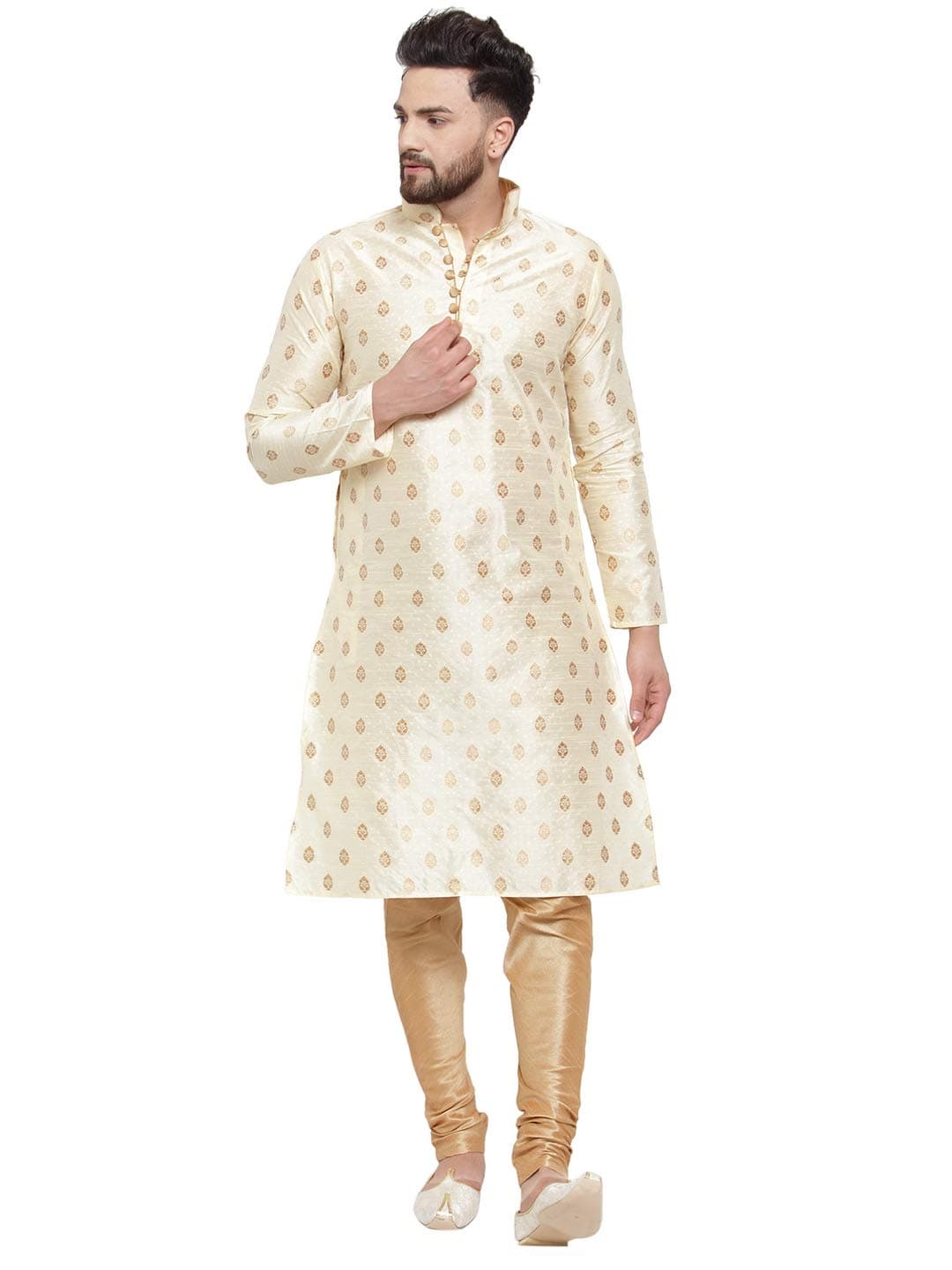 Larwa Ethnic Jacquard Loop Button Ganesh print Kurta Pyjama set for Mens