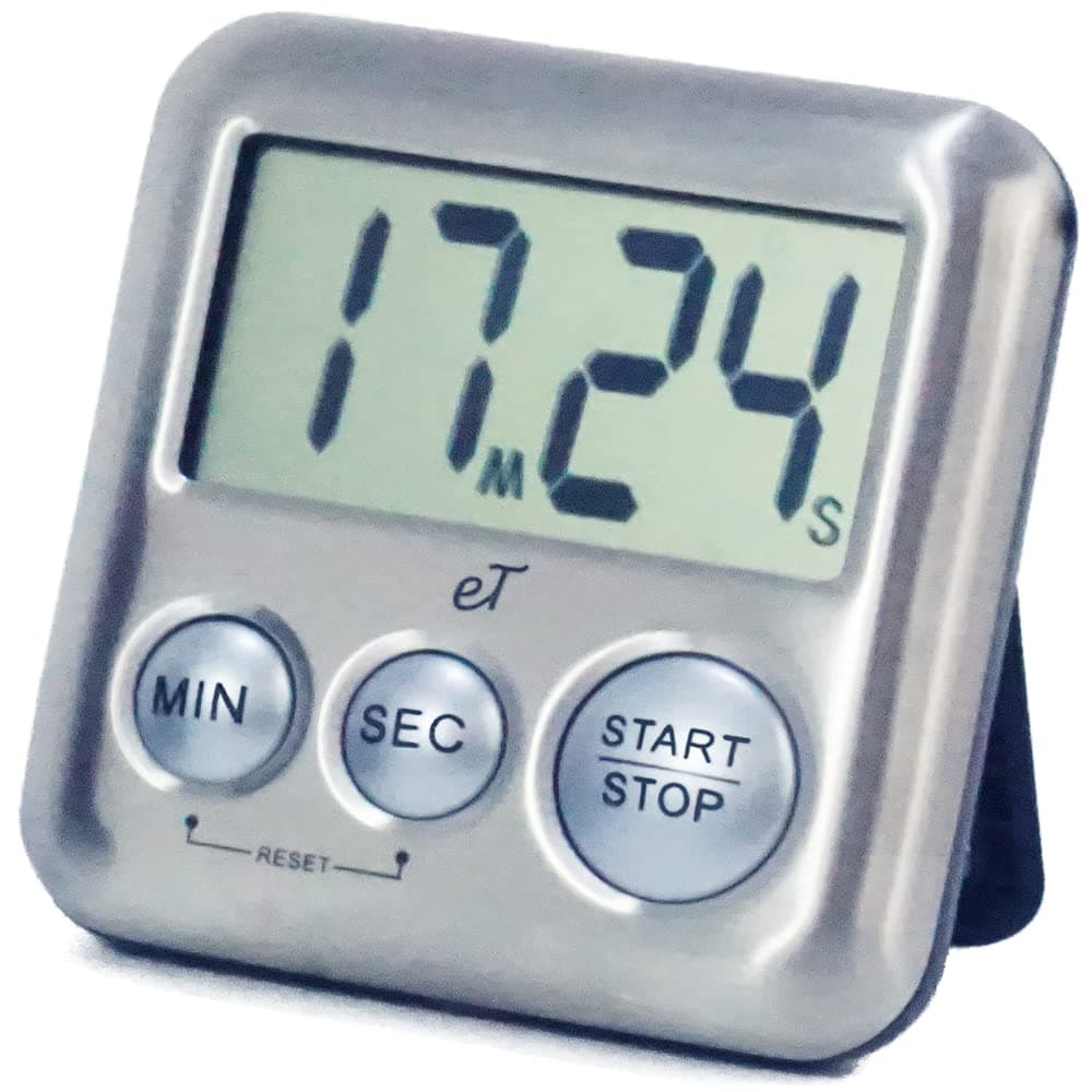 Elegant Digital Kitchen Timer Stainless Steel - Silver - Strong Magnetic Back - Kickstand - Loud Alarm - Large Display - Auto Memory - Auto Shut-Off - Model eT-26 (Silver) by eTradewinds
