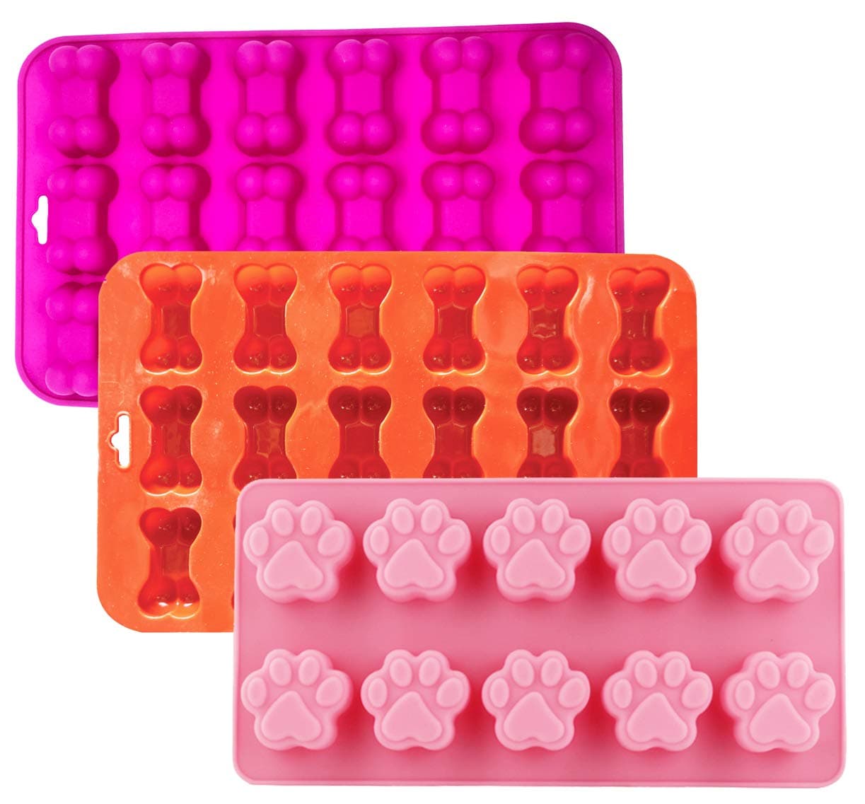 3 Pack Silicone Dog Paw and Bone Shape Baking Chocolate Candy, Homemade Dog Treat, Silicone Mold, Oven Microwave Freezer and Dishwasher Safe - Pink, Red, Purple