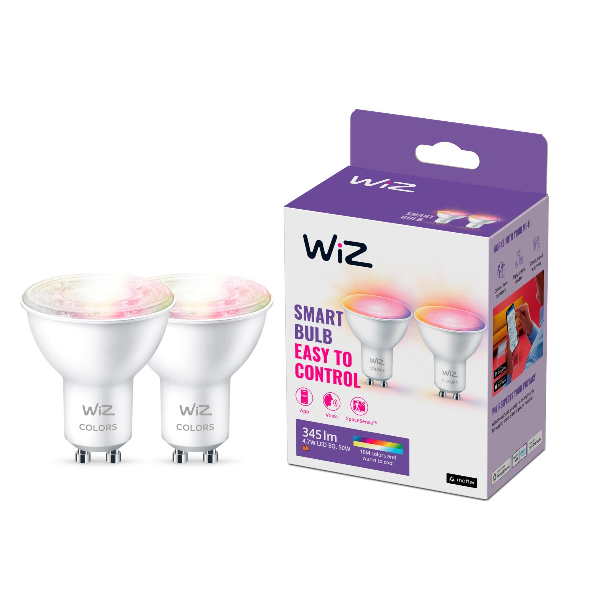 Colour [GU10 Spot] Smart Connected WiFi Light Bulb 2 Pack. 60W Colour and White Light, App Control for Home Indoor Lighting, Livingroom, Bedroom.