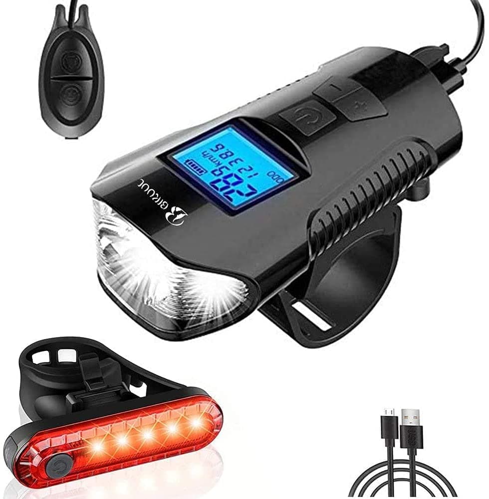 Bicycle Light Set with Horn and Speedometer, USB Rechargeable LED Bike Front Light & Tail Light,IPX5 Waterproof,4 Lighting Modes Super Bright,Fits All Mountain & Road Bike