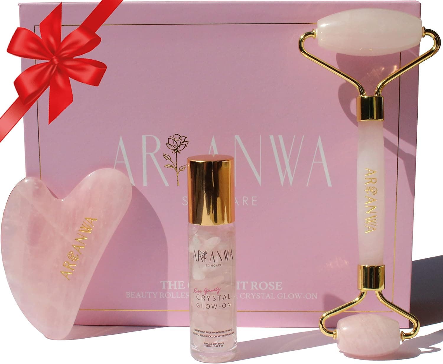 Premium Rose Quartz Roller, Gua Sha Set + Rose Water Roll-On in Magnetic Box - [Set of 3] - Real Rose Quartz Roller Set - Face Roller + Gua Sha Rose Quartz & Facial Toner - Massage Stone Includes E-Book