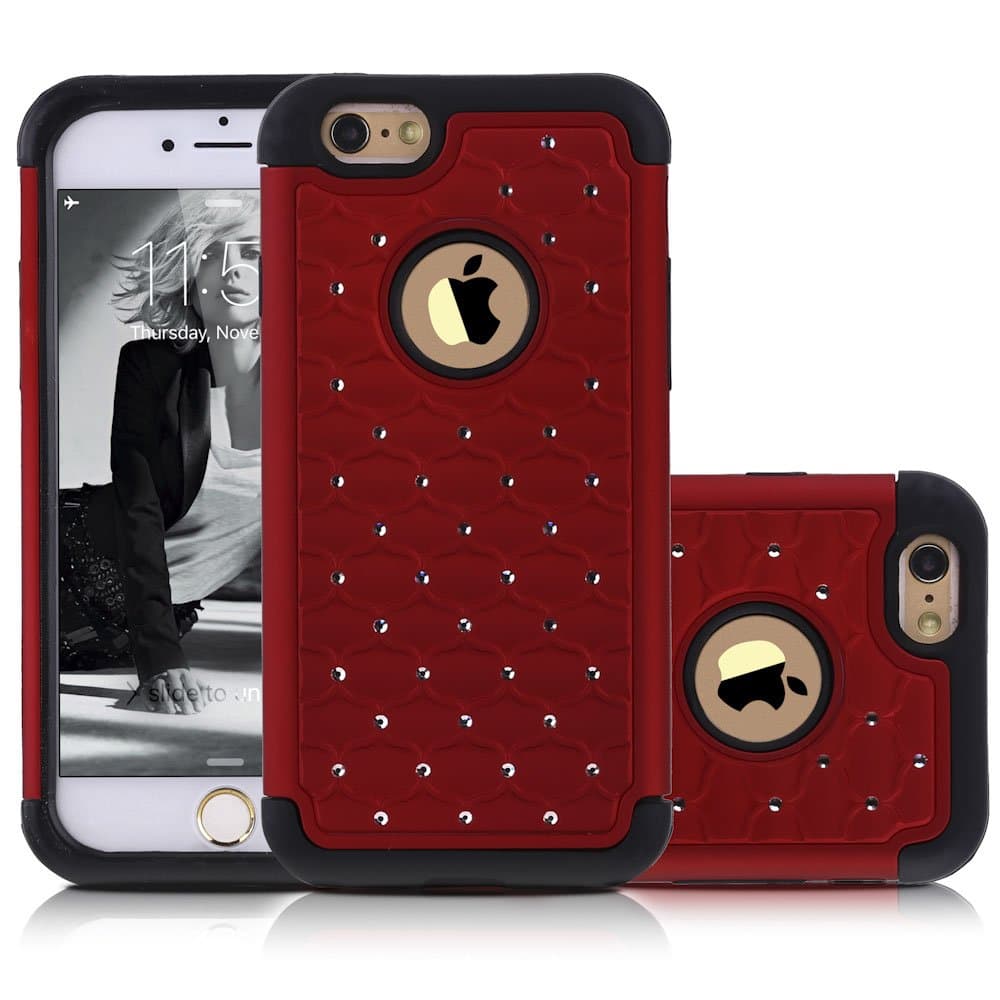 iPhone 6S Case, NOVT Shockproof Heavy Duty Mobile Phone Case iPhone 6 Cover Hybrid Dual Layer Hard PC with Soft Rubber Apple iPhone 6S Cover 4.7 Inch Rhinestone Bling Protective Cell Phone Case (Red)