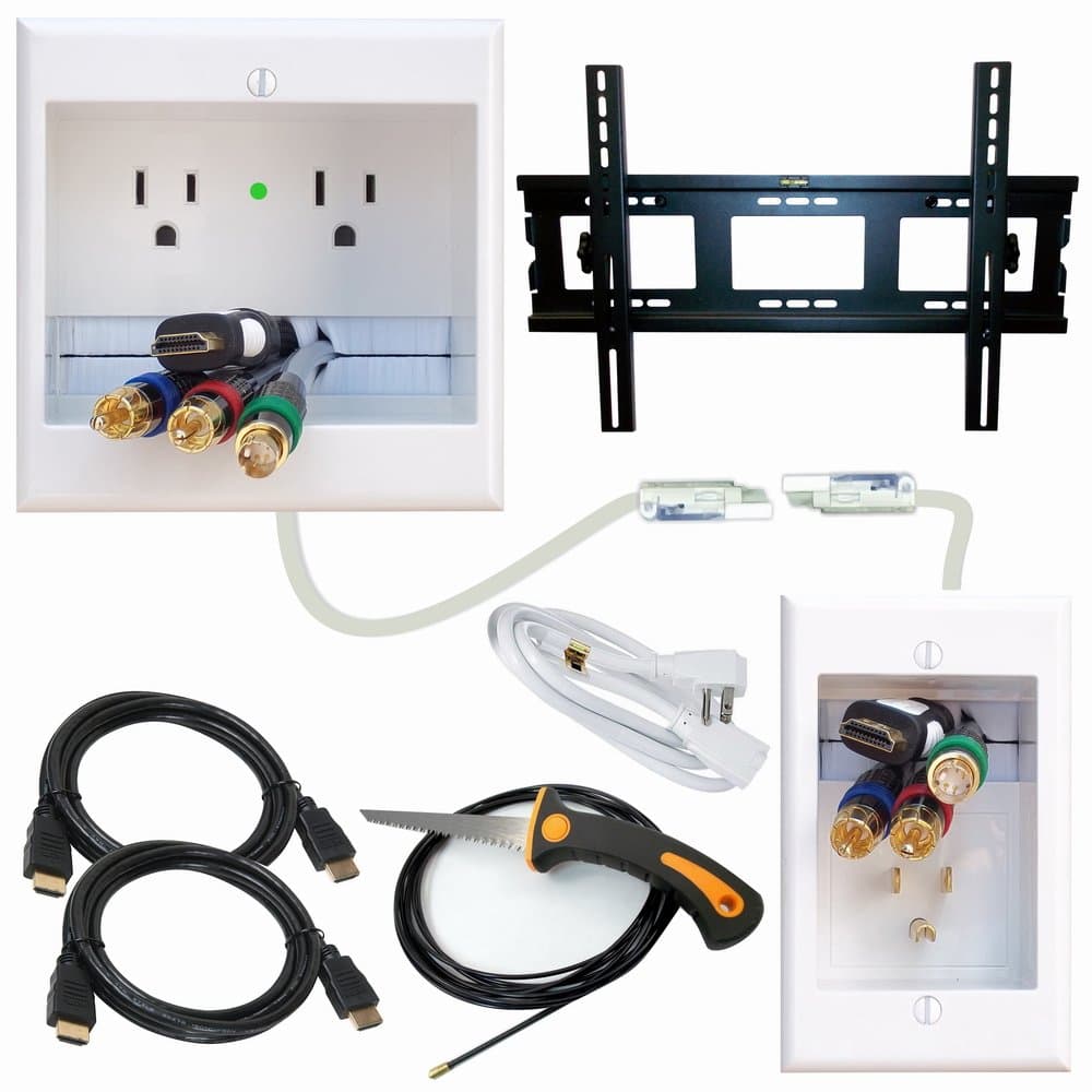 PowerBridge Solutions TWO-CK-IKH2TVML Dual Outlet Cable Management System with Flat Screen LED TV Mount for 32-Inch to 65-Inch Television Screens Plus HDMI Cables, Cable Puller, and Drywall Saw