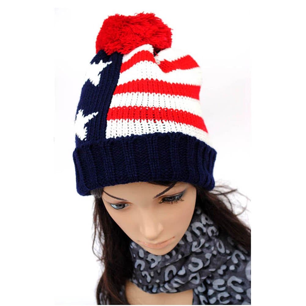 American Flag Pattern Ball Knitted Beanie Hats (Red)