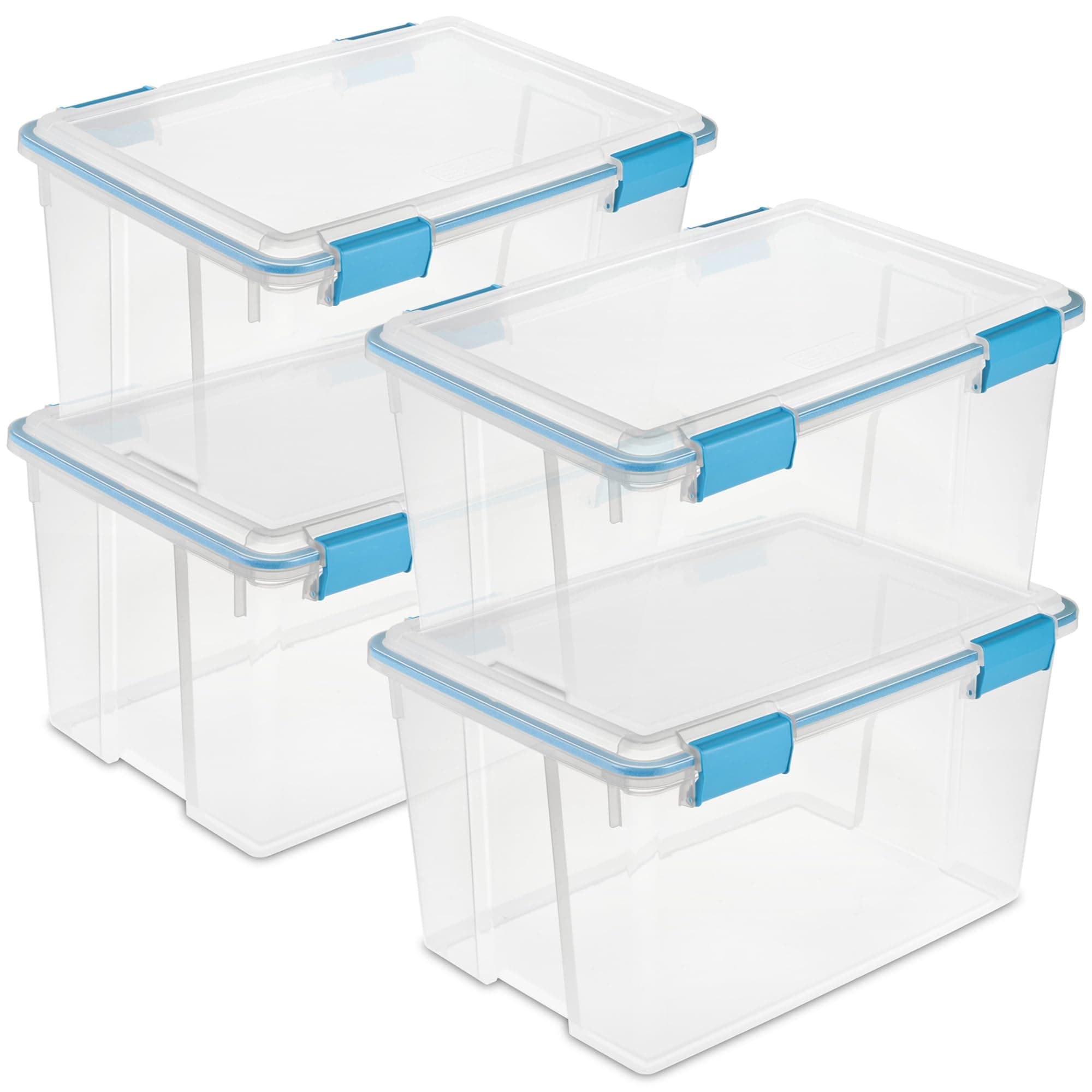 54 Qt Gasket Box, Stackable Storage Bin with Latching Lid and Tight Seal, Plastic Container to Organize Basement, Clear Base and Lid, 4-Pack