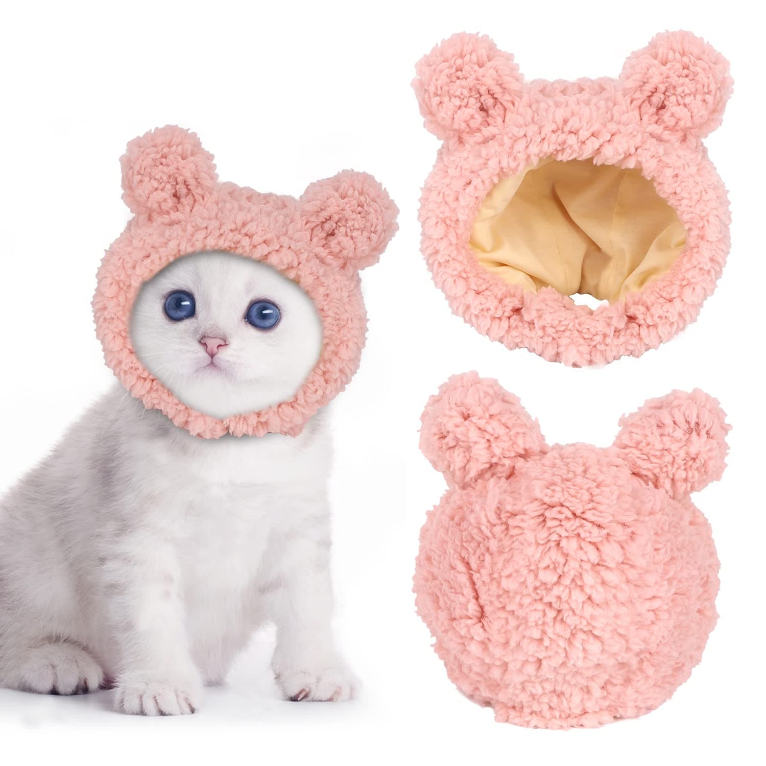 JOICEE Cute Cat Costume Warm Bear Hat for Cats Adjustable Soft Small Pet Headwear Bear Hat for Cat Puppy Dog (Pink)