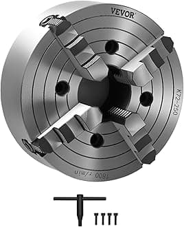 VEVOR 4-Jaw Lathe Chuck, 10 Inch (250 mm), Self-Centering Chuck, 0.6-9.84 in (15-250 mm) Clamping Range with T-key Fixing Screws Reversible Jaws, HT300 Material, Internal External for Wood Metal Lathe