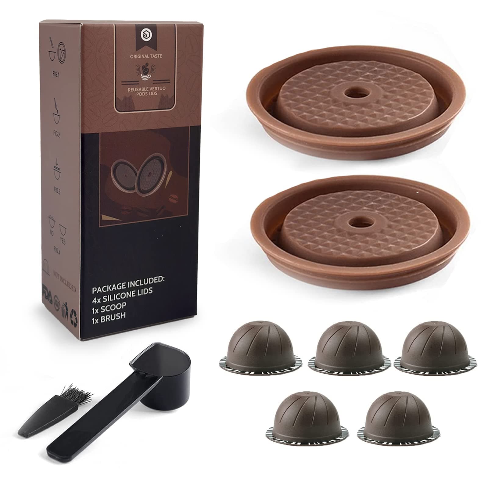 Reusable Vertuo Pods(5Pcs), Refillable Coffee Capsule for Vertuoline & Vertuo Pod, 230 mL Coffee Pods Compatible with Nespresso Vertuo Coffee Machine, with 2 Pcs Reusable Silicone Lids, Scoop, Brush