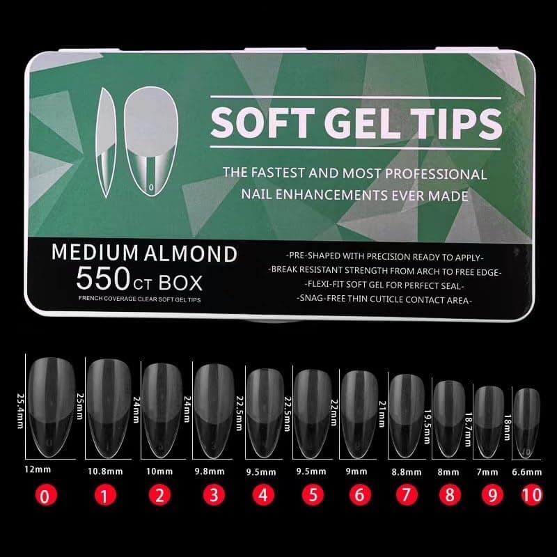 Styfy Soft Gel Full Cover Tips | Half Matte Acrylic Tips Artificial False Tips with Box Fake Tips Extension for Salons (Medium Almond Tips, 550 pcs)