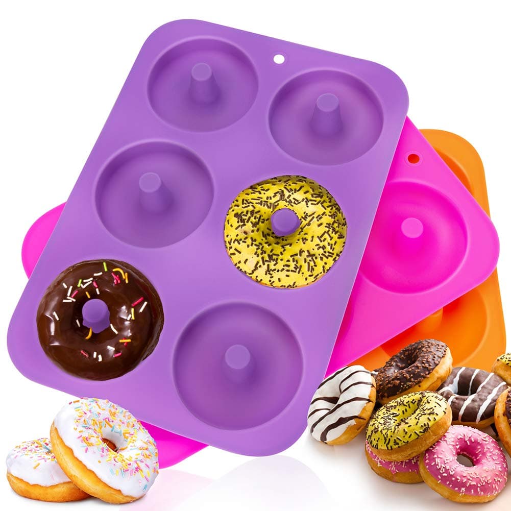 KLEMOO 3-Pack Donut Baking Pan, Silicone, Non-Stick Mold, Bake Full Size Perfect Shaped Doughnuts to Sweeten Your"Hole"